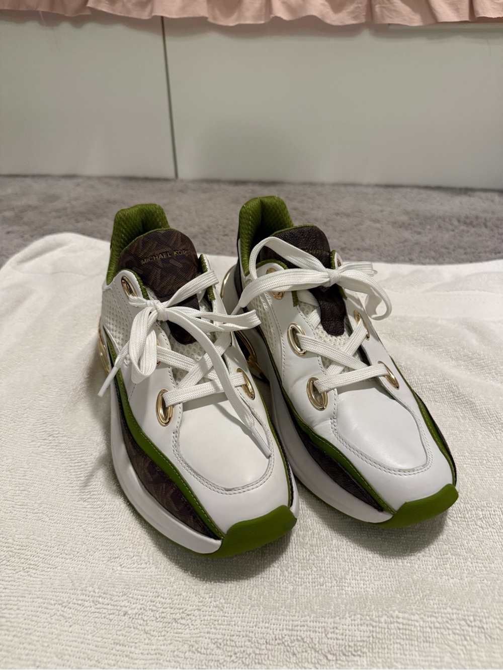 Michael Kors White, Olive Green & Brown Logo Accent Sneakers
